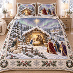 Holy Radiance quilted 3-piece bedding set on a made bed in a softly lit bedroom