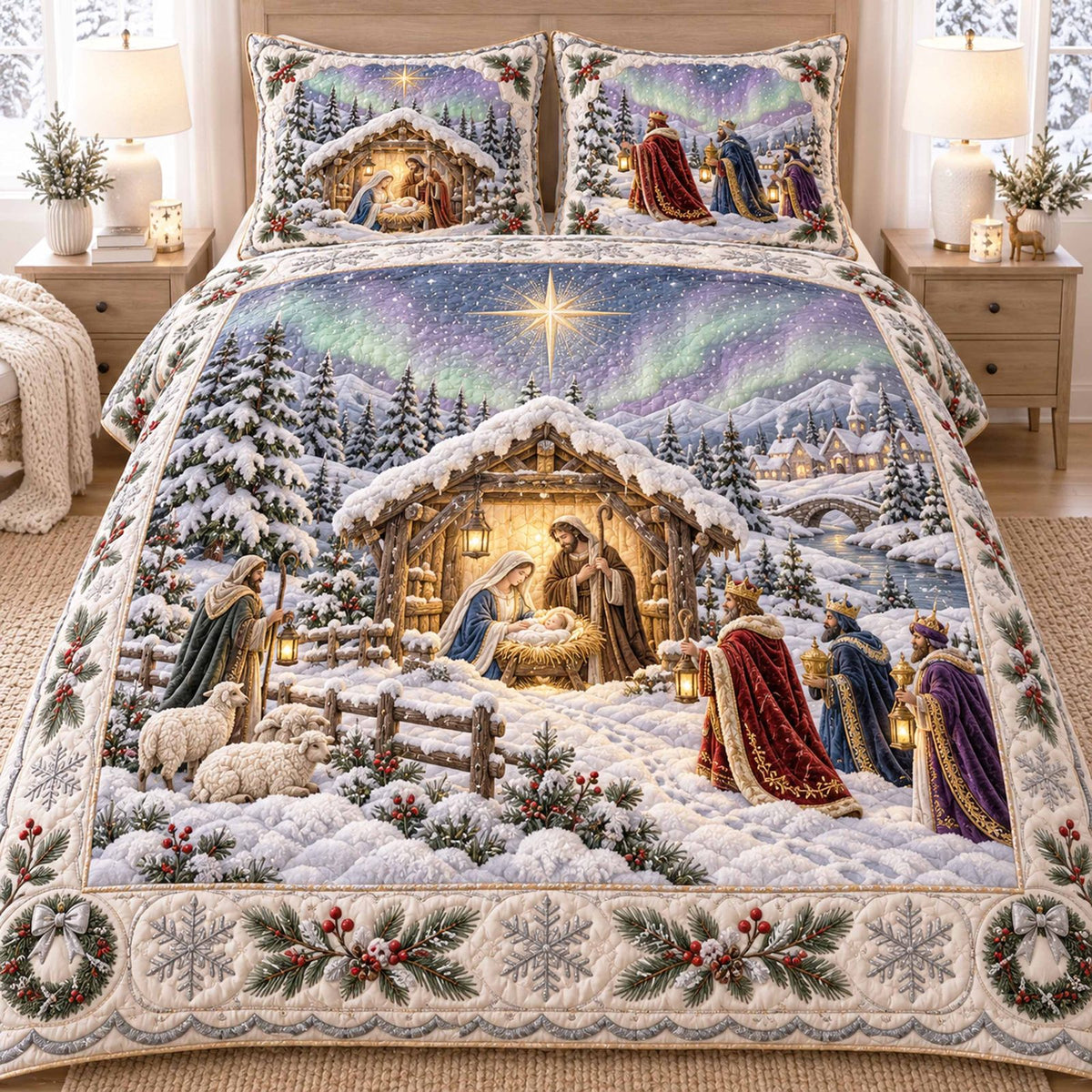 Holy Radiance quilted 3-piece bedding set on a made bed in a softly lit bedroom