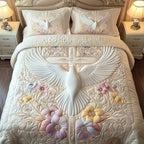 Holy Spirit Dove White quilted 3-piece bedding set on a made bed in a softly lit bedroom
