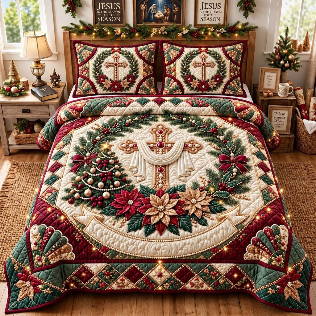 Holy Wreath Cross quilted 3-piece bedding set on a made bed in a softly lit bedroom