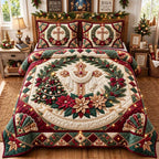 Holy Wreath Cross quilted 3-piece bedding set on a made bed in a softly lit bedroom