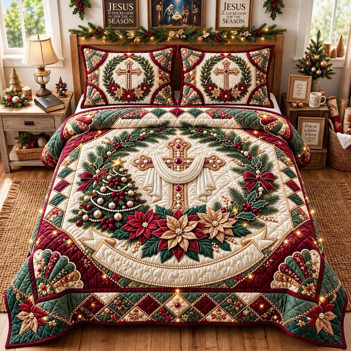 Holy Wreath Cross quilted 3-piece bedding set on a made bed in a softly lit bedroom