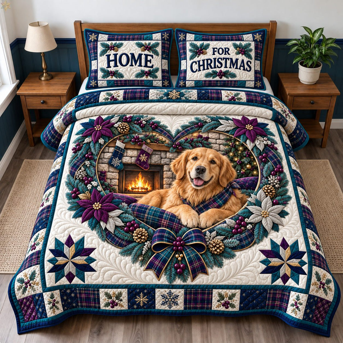 Home For Christmas Golden Retriever quilted 3-piece bedding set on a made bed in a winter-styled bedroom