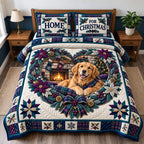 Home For Christmas Golden Retriever quilted 3-piece bedding set on a made bed in a winter-styled bedroom