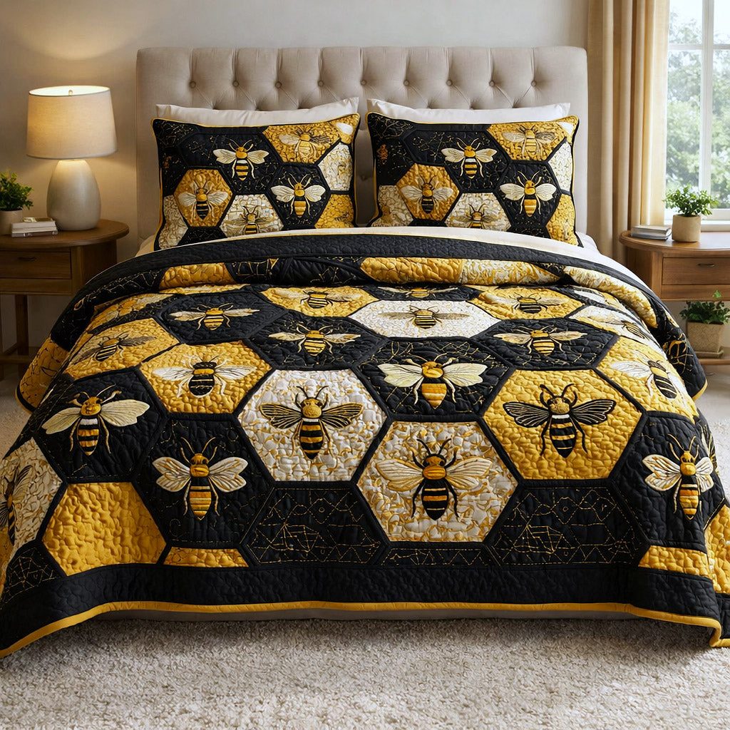 Honey Buzz Bee Hex quilted 3-piece bedding set on a made bed against a dark styled interior