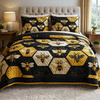 Honey Buzz Bee Hex quilted 3-piece bedding set on a made bed against a dark styled interior
