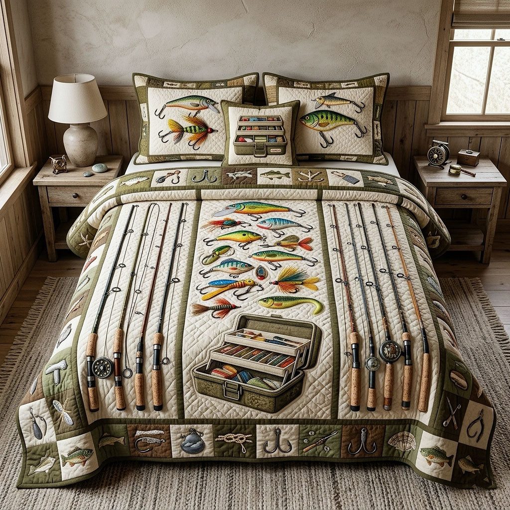 Hook Life Lures quilted 3-piece bedding set on a made bed with two matching pillow shams