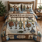 Hooked On Jesus Cross quilted 3-piece bedding set on a made bed in a softly lit bedroom