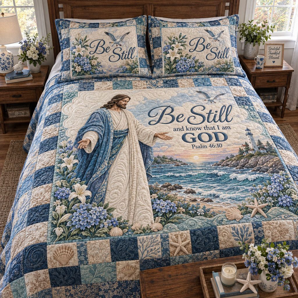 Hope in His Hands quilted 3-piece bedding set on a made bed with two matching pillow shams