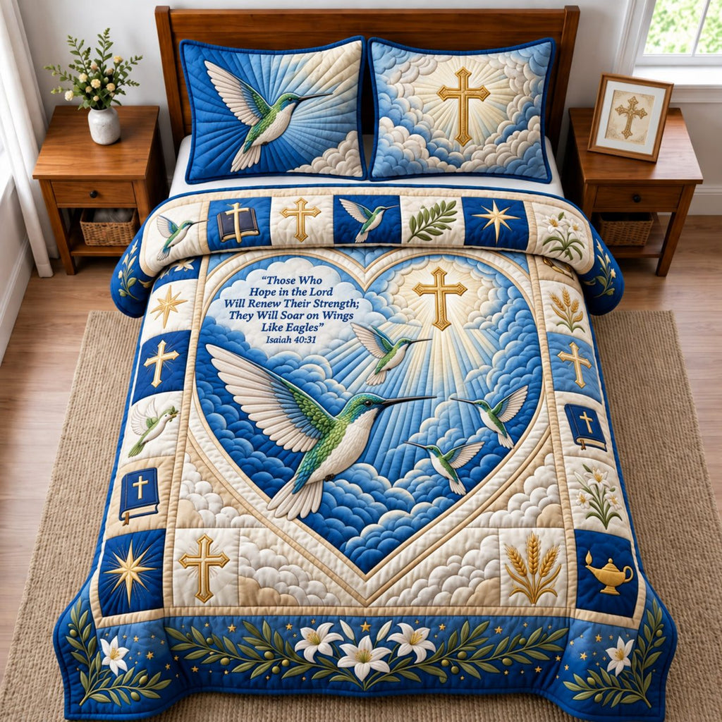 Hope In The Lord quilted 3-piece bedding set on a made bed in a softly lit bedroom
