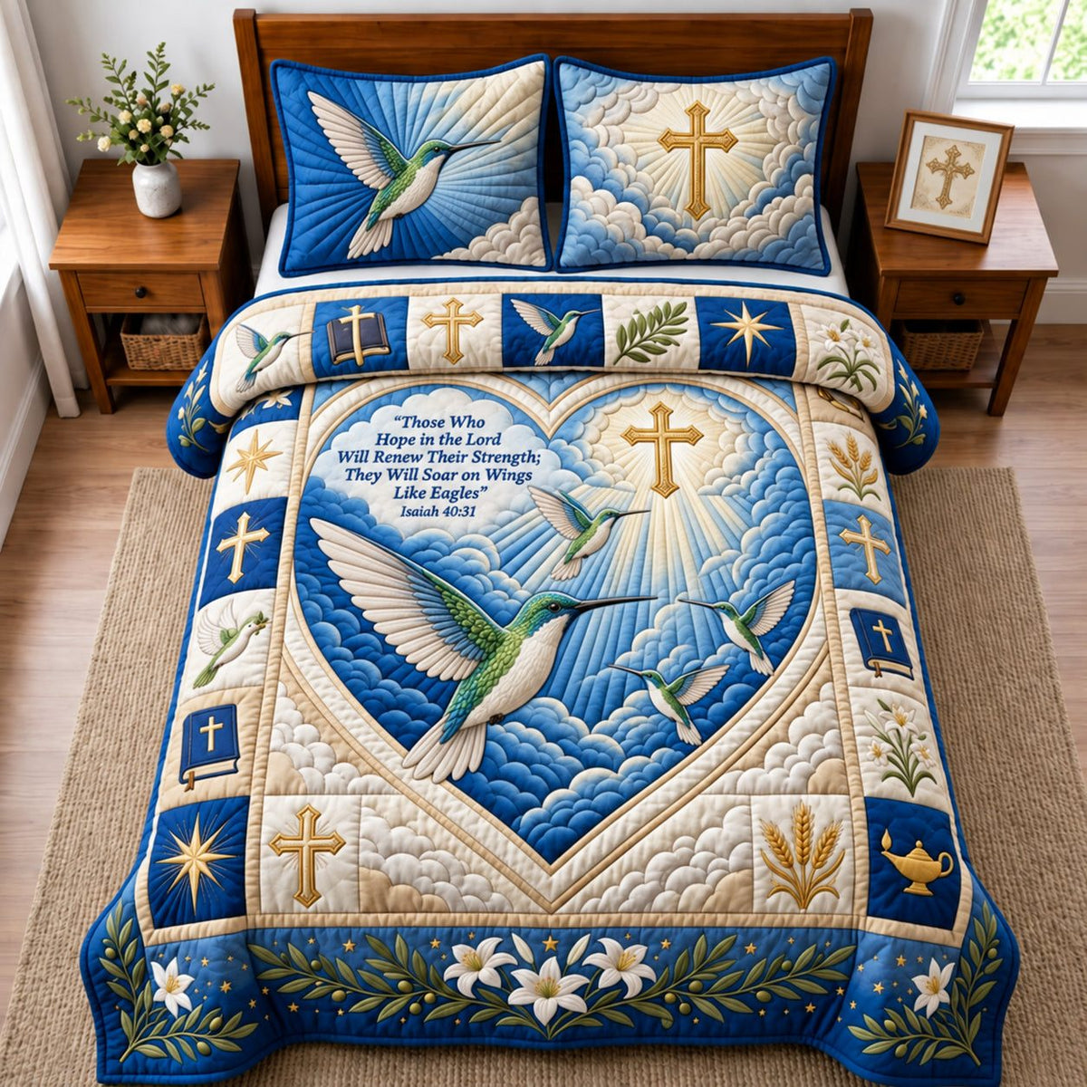Hope In The Lord quilted 3-piece bedding set on a made bed in a softly lit bedroom