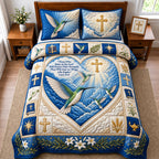 Hope In The Lord quilted 3-piece bedding set on a made bed in a softly lit bedroom