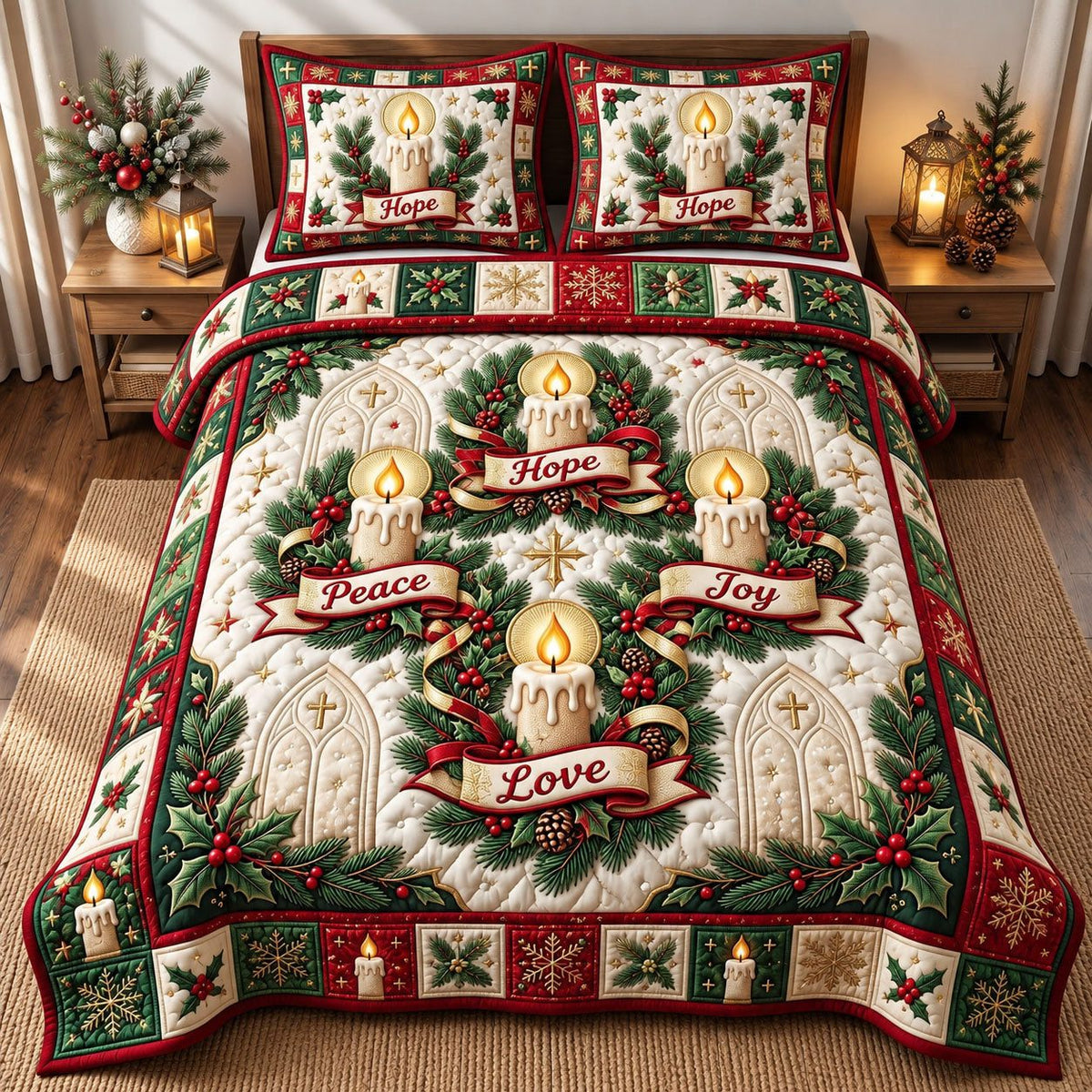 Hope Peace Joy Love Candles quilted 3-piece bedding set on a made bed with two matching pillow shams
