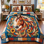 Horse Country Spirit quilted 3-piece bedding set on a made bed in a rustic timber bedroom