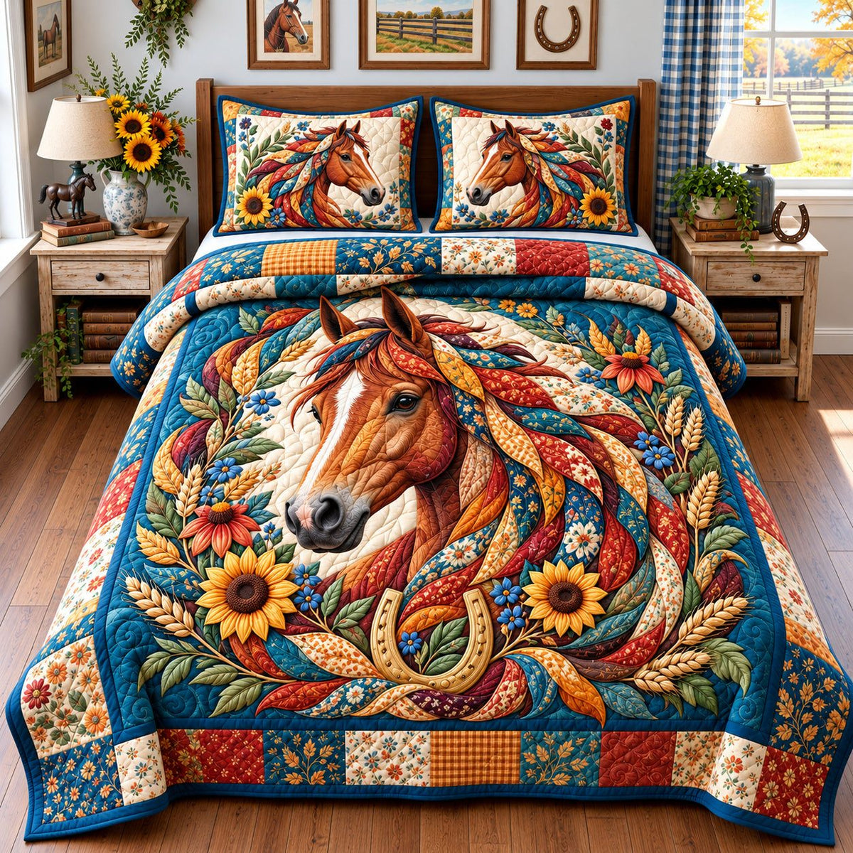Horse Country Spirit quilted 3-piece bedding set on a made bed in a rustic timber bedroom