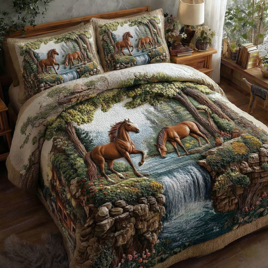 Horse Couple River quilted 3-piece bedding set on a made bed in a rustic timber bedroom