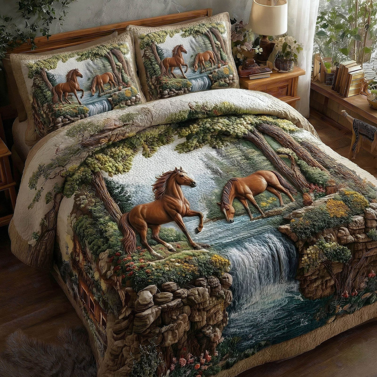Horse Couple River quilted 3-piece bedding set on a made bed in a rustic timber bedroom