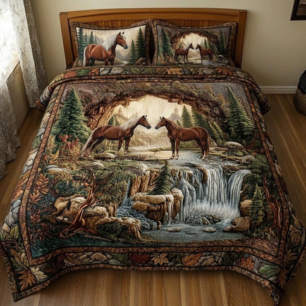 Horse Couple Waterfall quilted 3-piece bedding set on a made bed in a rustic timber bedroom