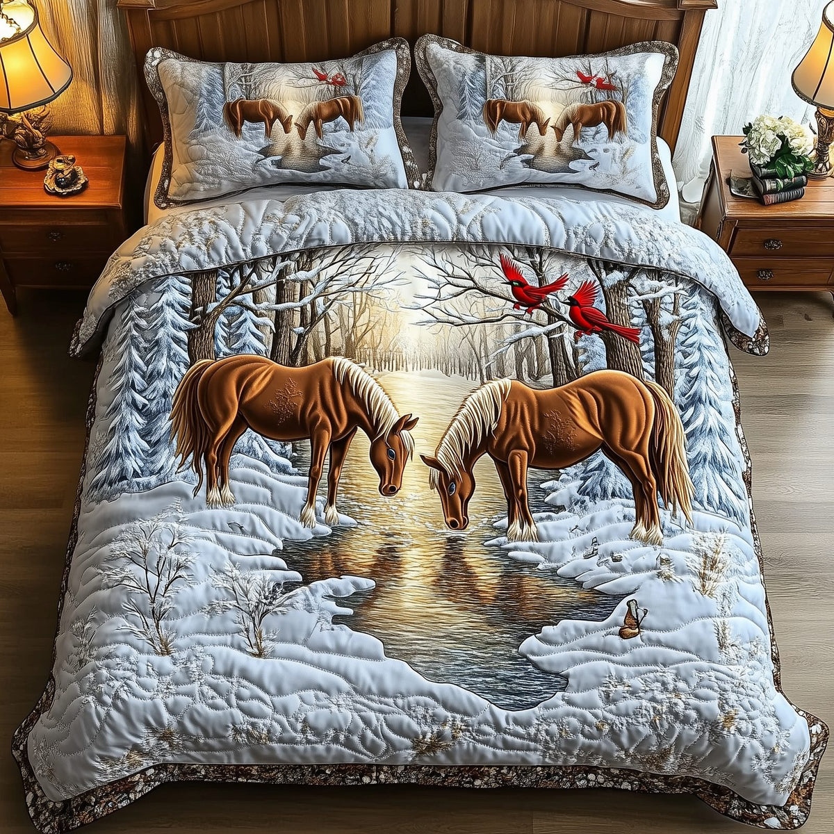 Horse Couple Winter Pond quilted 3-piece bedding set on a made bed in a winter-styled bedroom