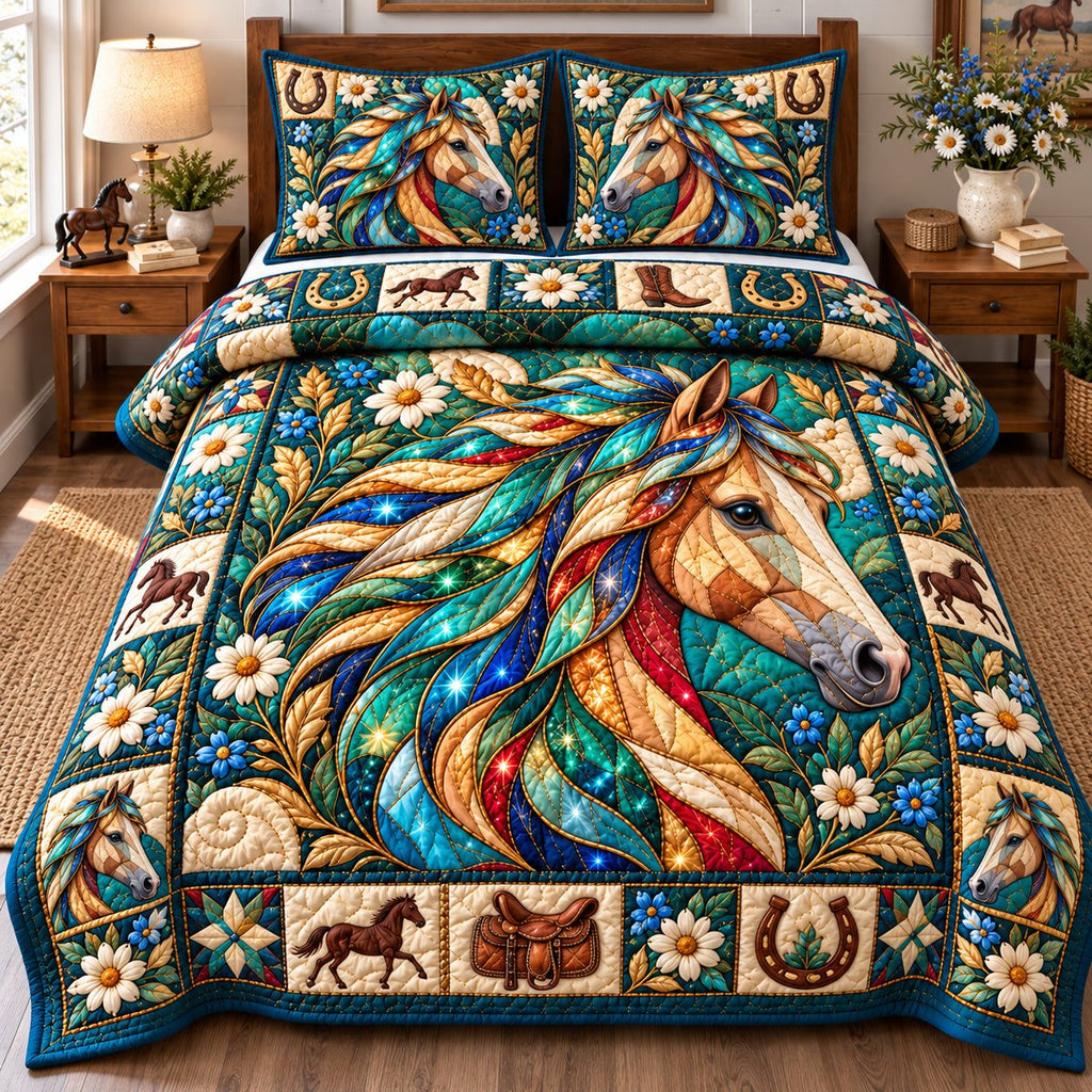 Horse Joy quilted 3-piece bedding set on a made bed in a rustic timber bedroom