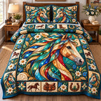 Horse Joy quilted 3-piece bedding set on a made bed in a rustic timber bedroom