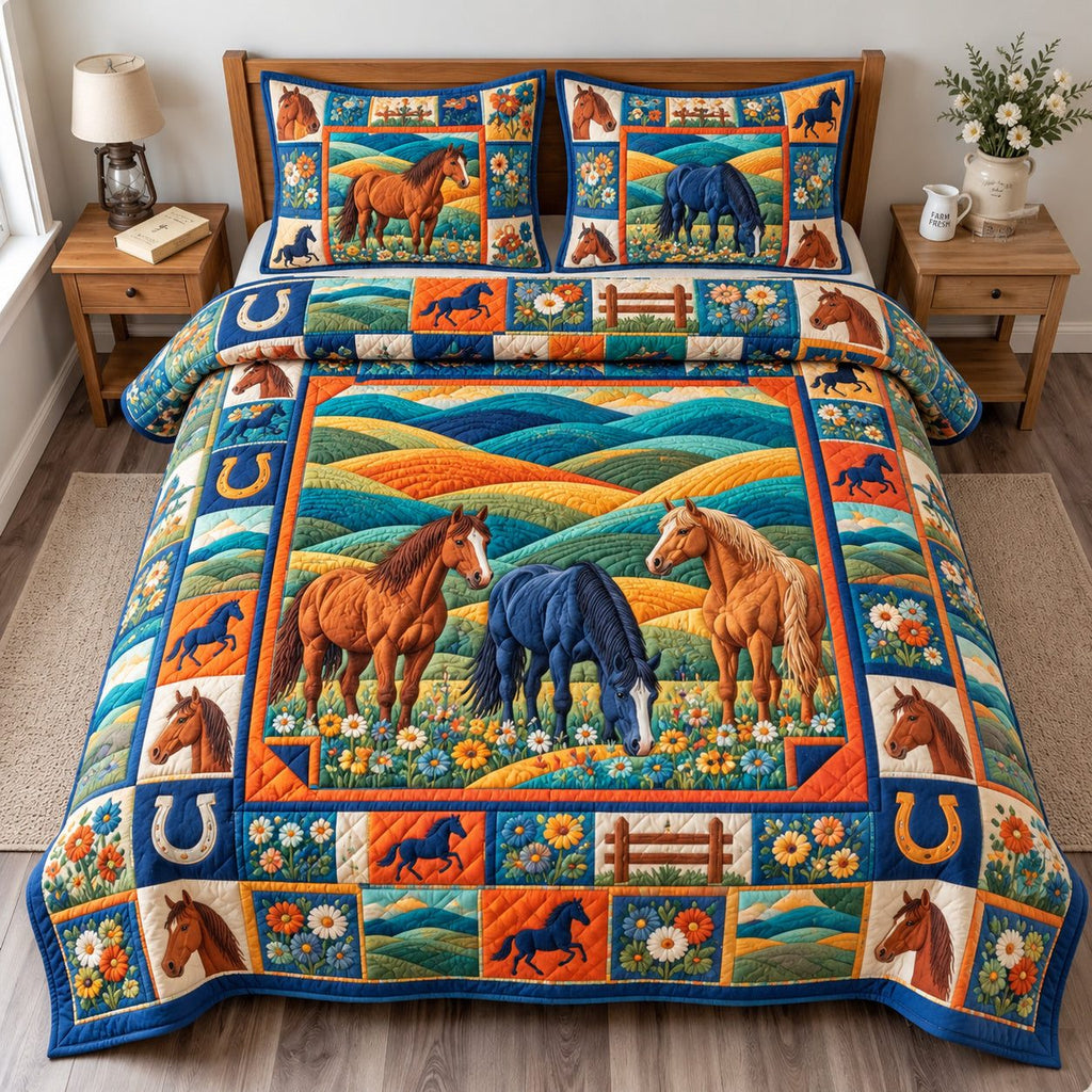 Horse Meadow Dreams quilted 3-piece bedding set on a made bed in a rustic timber bedroom