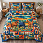 Horse Meadow Dreams quilted 3-piece bedding set on a made bed in a rustic timber bedroom