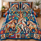 Horse Ranch Adventure quilted 3-piece bedding set on a made bed in a winter-styled bedroom