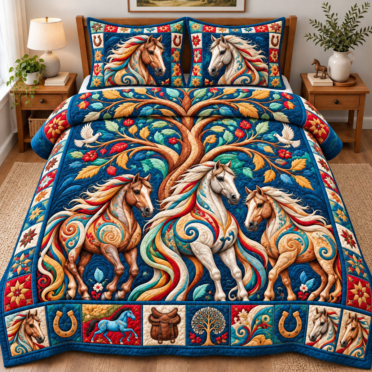 Horse Ranch Adventure quilted 3-piece bedding set on a made bed in a winter-styled bedroom