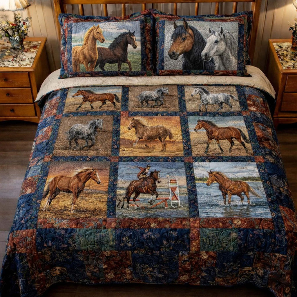 Horse Spirit Grid quilted 3-piece bedding set on a made bed in a rustic timber bedroom