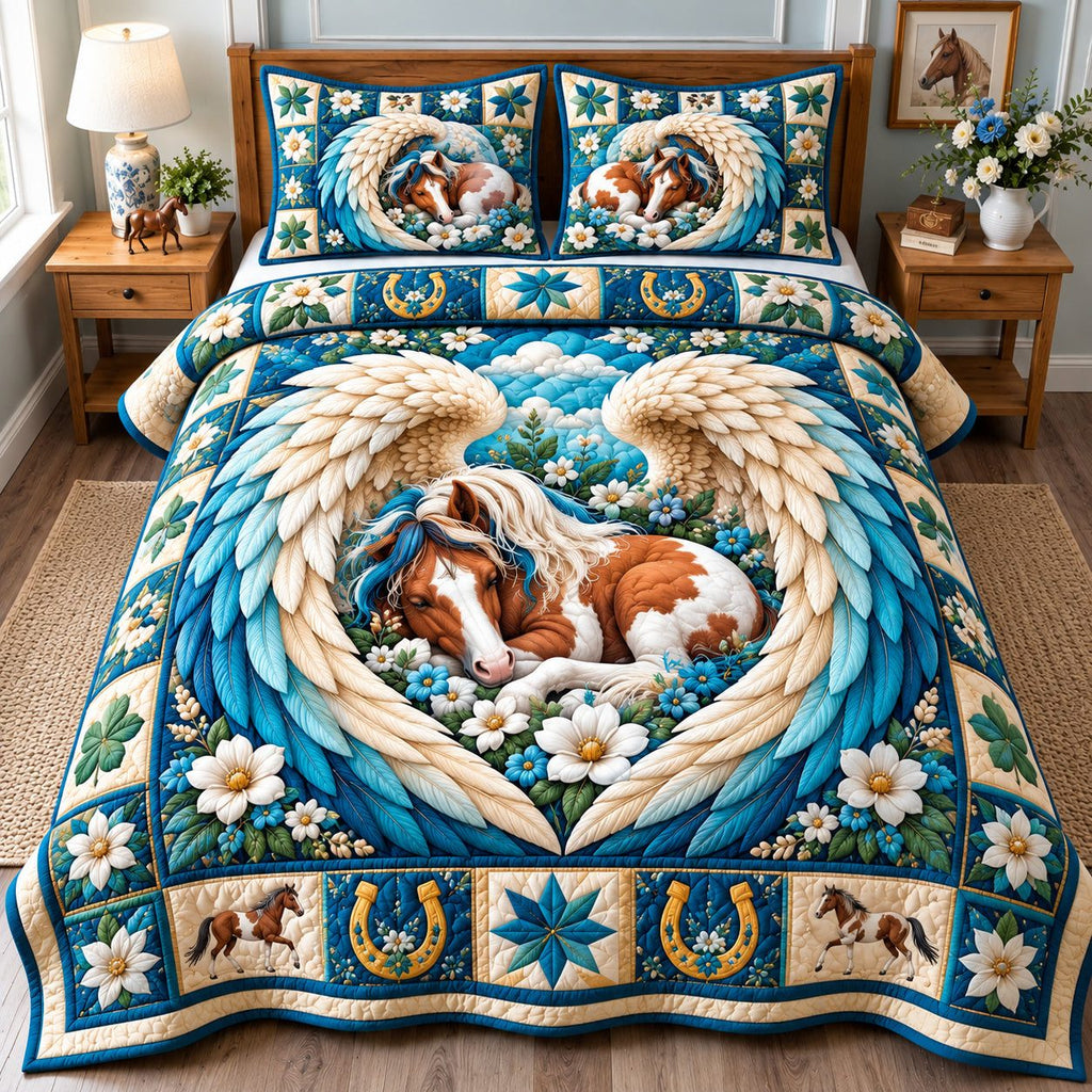 Horse Western Freedom quilted 3-piece bedding set on a made bed in a warmly lit bedroom