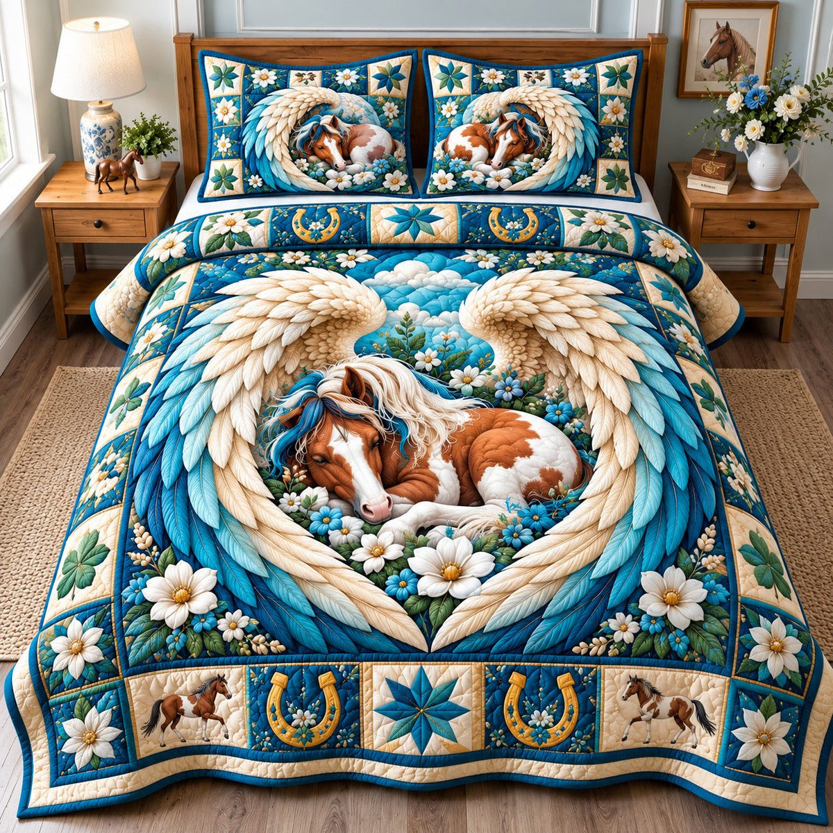 Horse Western Freedom quilted 3-piece bedding set on a made bed in a warmly lit bedroom