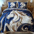 Horse White Blue Swirl quilted 3-piece bedding set on a made bed in a rustic timber bedroom