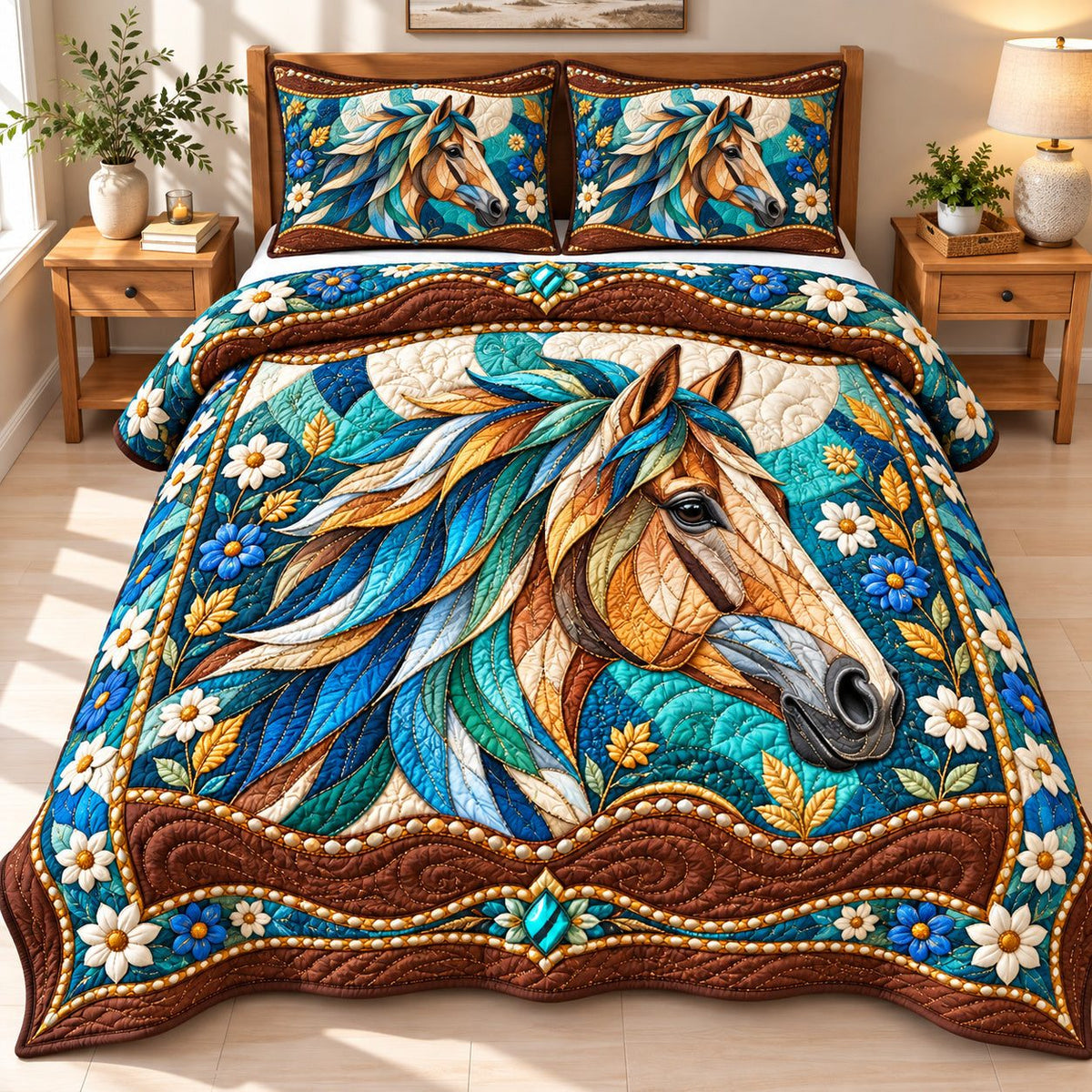 Horse Wild Beauty quilted 3-piece bedding set on a made bed in a rustic timber bedroom