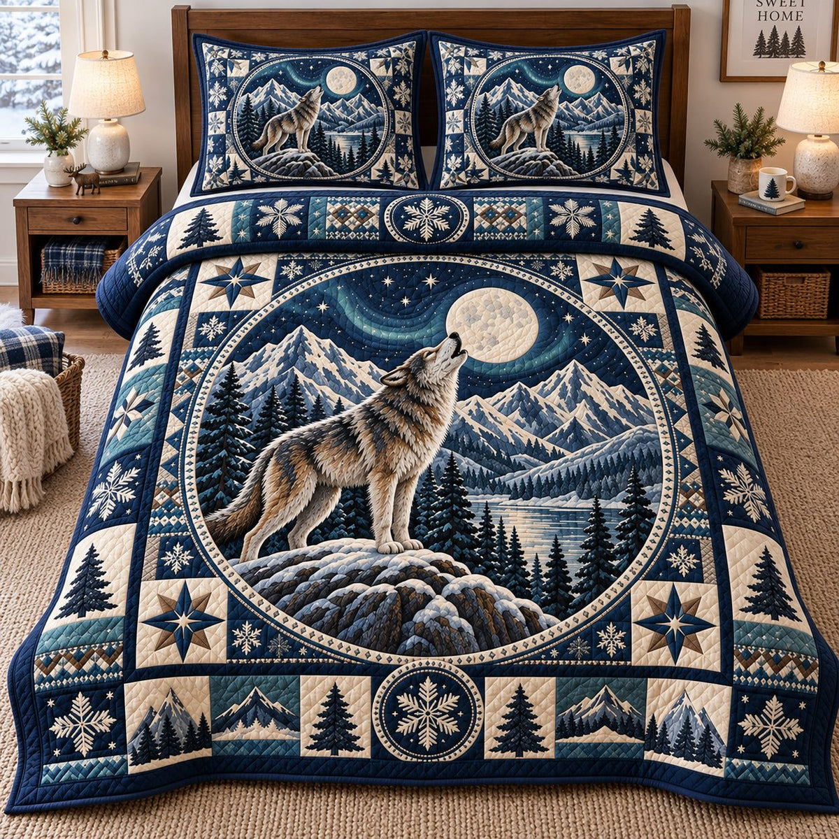 Howling Moon Wolf quilted 3-piece bedding set on a made bed with two matching pillow shams