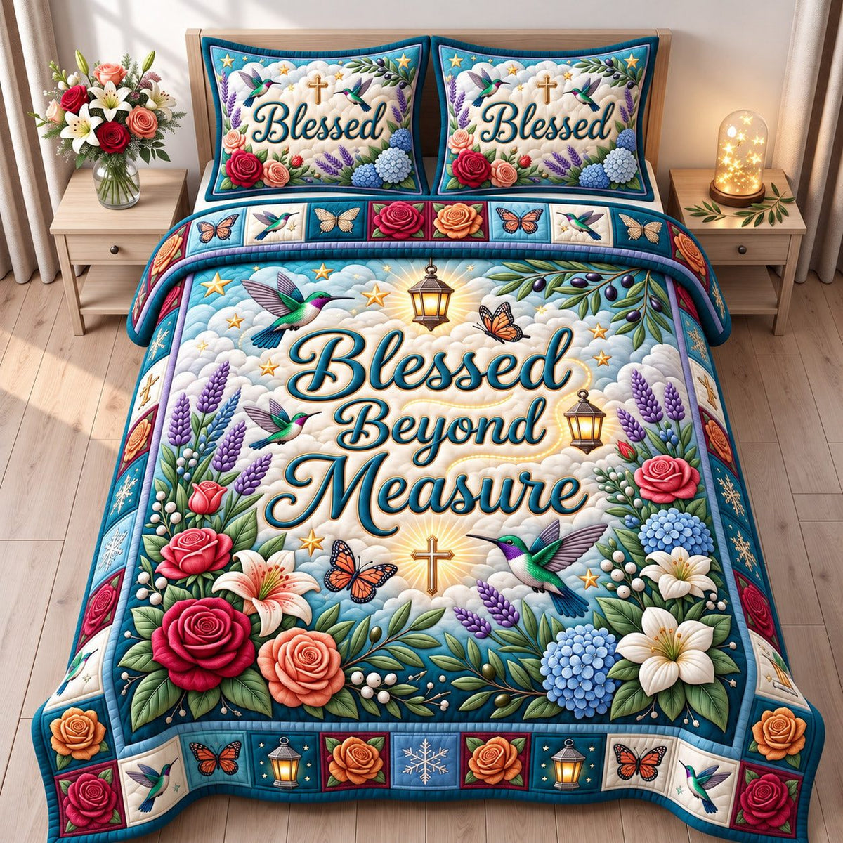 Hummingbird Blessed Beyond Measure quilted 3-piece bedding set on a made bed in a softly lit bedroom