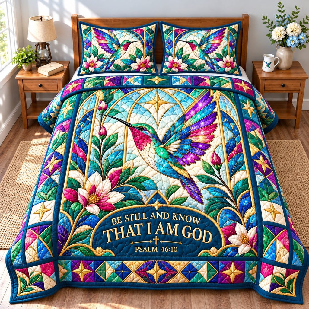 Hummingbird Blossom Grace quilted 3-piece bedding set on a made bed with two matching pillow shams
