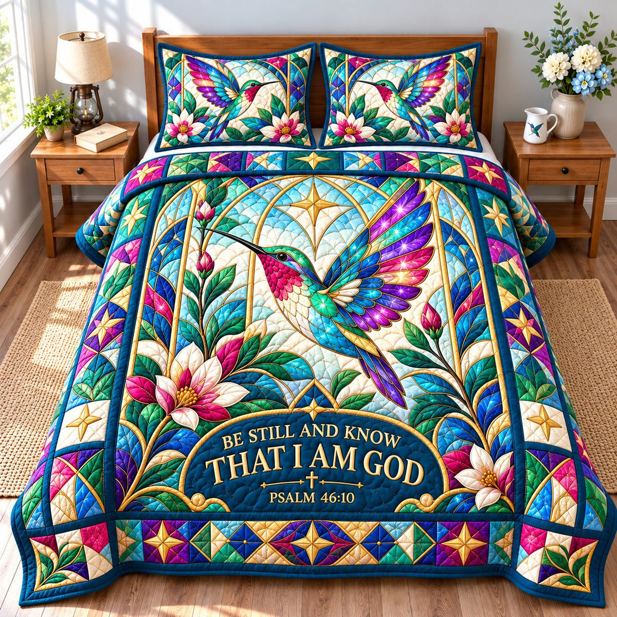 Hummingbird Blossom Grace quilted 3-piece bedding set on a made bed with two matching pillow shams