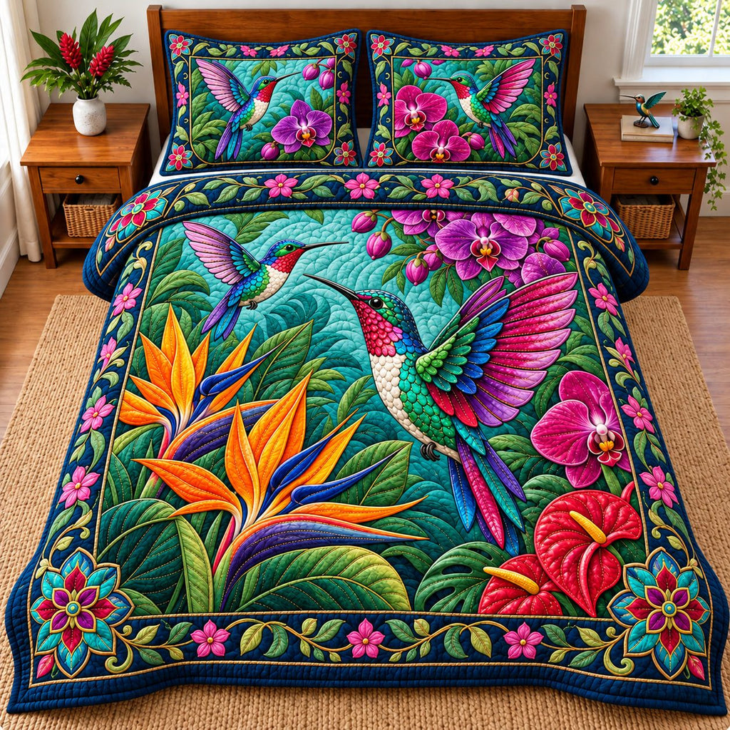 Hummingbird Enchanted Meadow quilted 3-piece bedding set on a made bed with two matching pillow shams