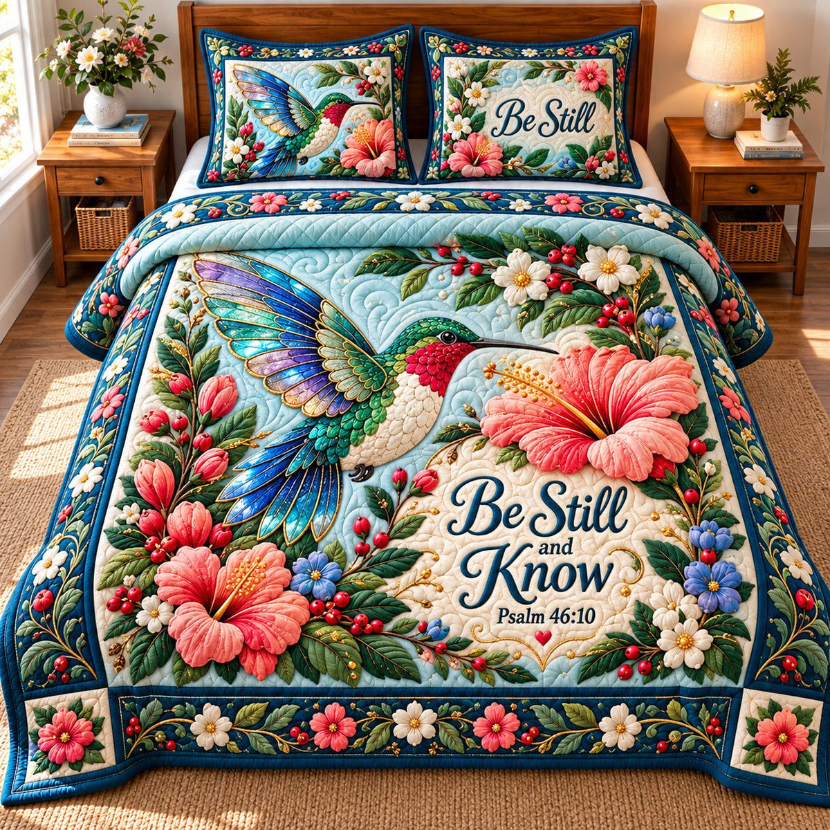 Hummingbird Garden Glow quilted 3-piece bedding set on a made bed with two matching pillow shams