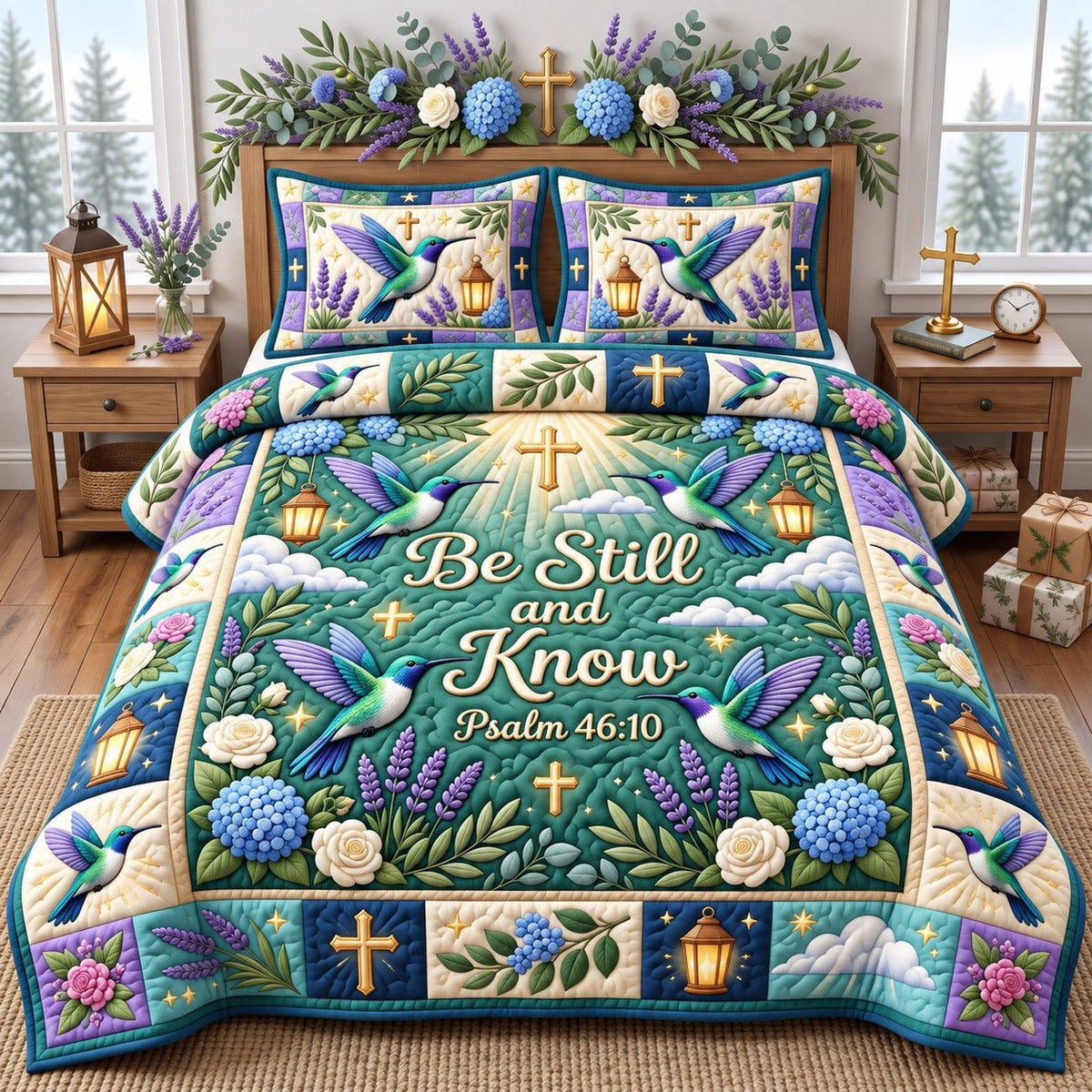 Hummingbird Hydrangea Be Still And Know quilted 3-piece bedding set on a made bed with two matching pillow shams