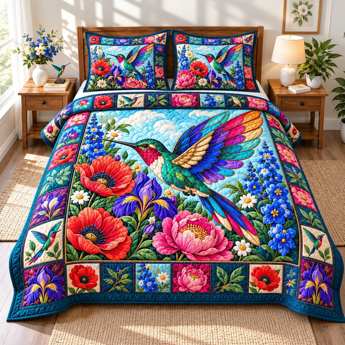 Hummingbird Jewel Garden quilted 3-piece bedding set on a made bed with two matching pillow shams