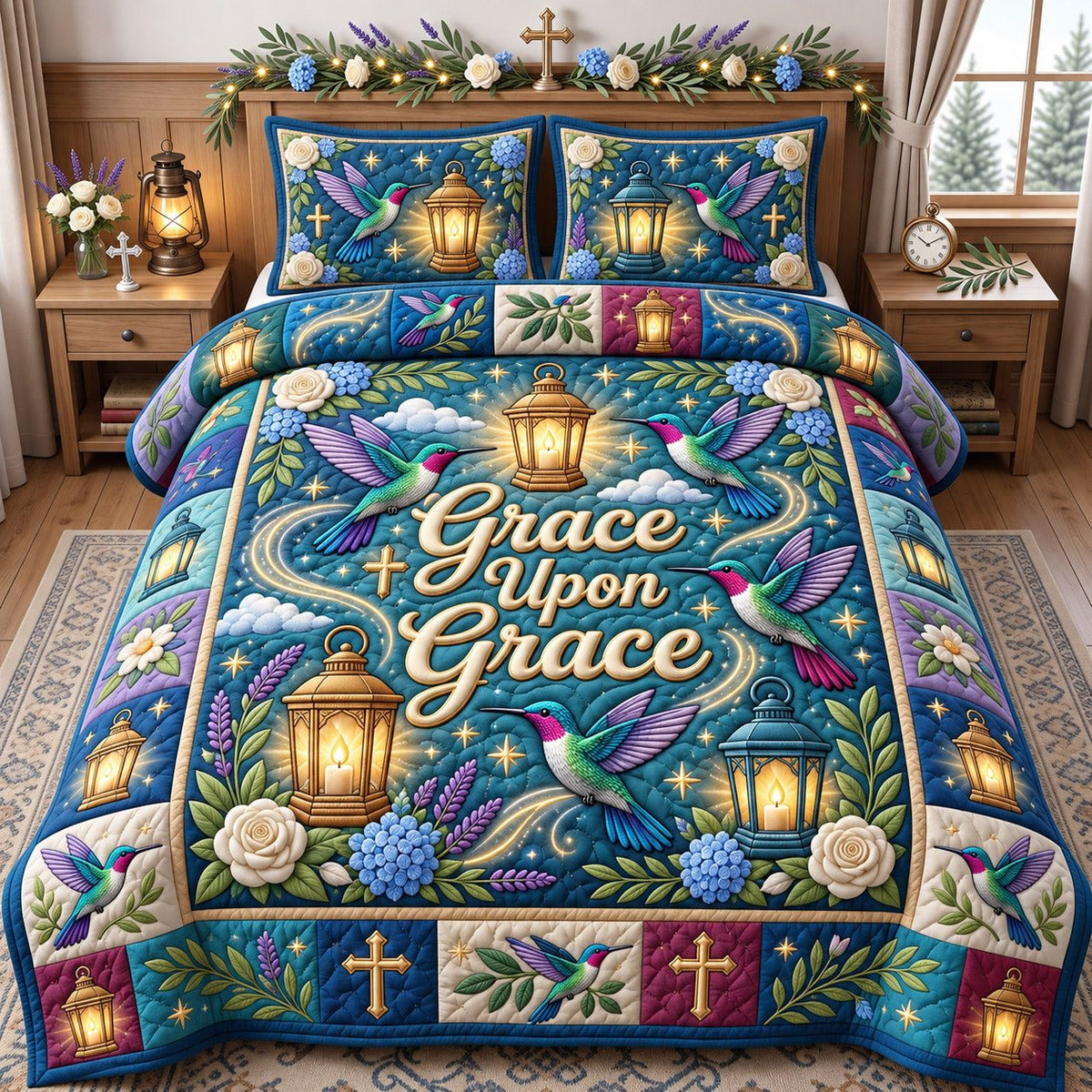 Hummingbird Lantern Grace Upon Grace quilted 3-piece bedding set on a made bed with two matching pillow shams