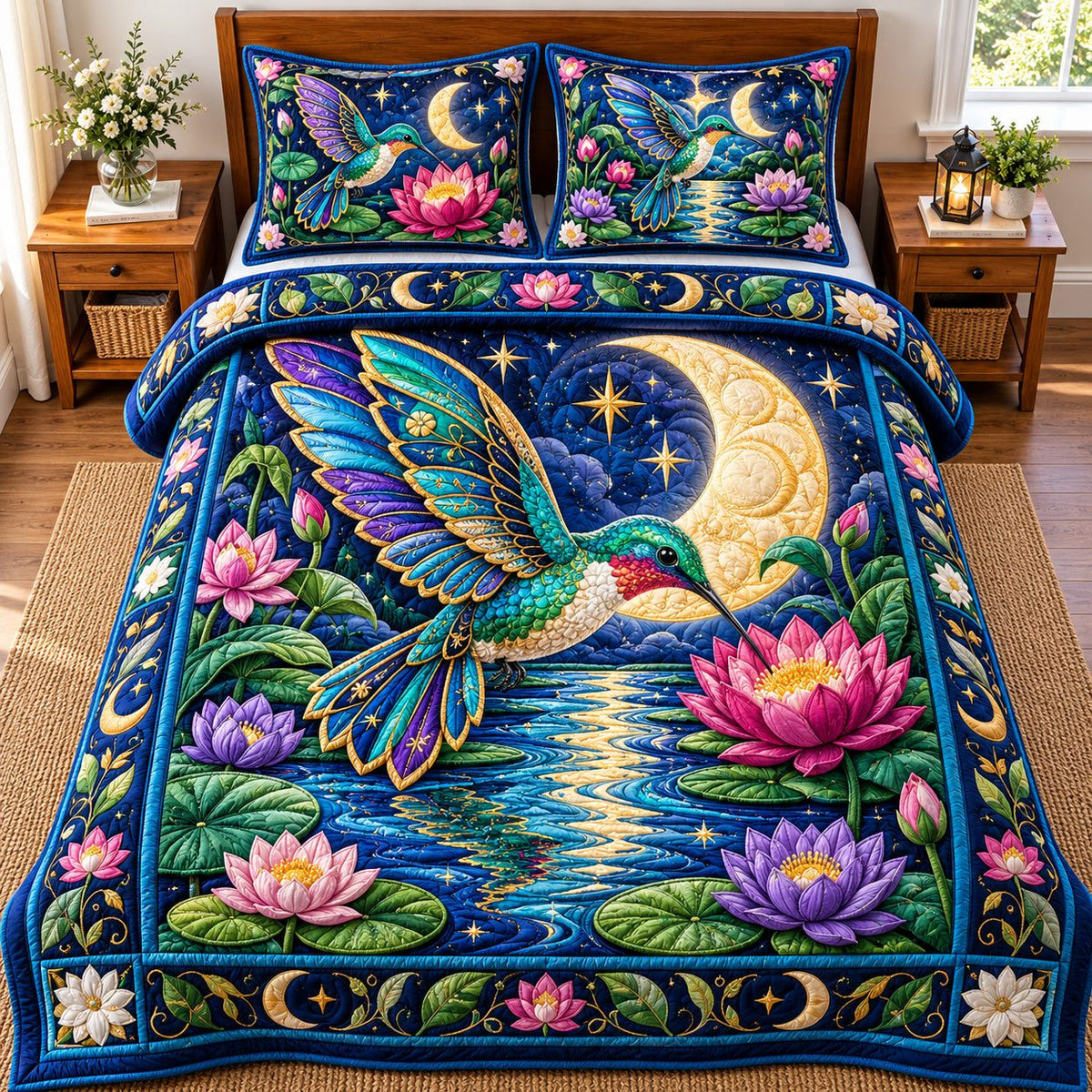 Hummingbird Lotus Lagoon quilted 3-piece bedding set on a made bed in a light coastal bedroom