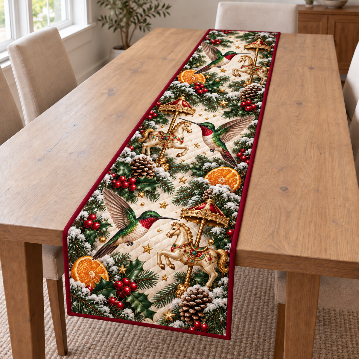 Hummingbird Mandarin Carousel printed Christmas quilted table runner; design mockup showing a flat printed depth effect.