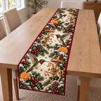 Hummingbird Mandarin Carousel printed Christmas quilted table runner; design mockup showing a flat printed depth effect.