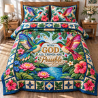 Hummingbird Meadow Dance quilted 3-piece bedding set on a made bed with two matching pillow shams
