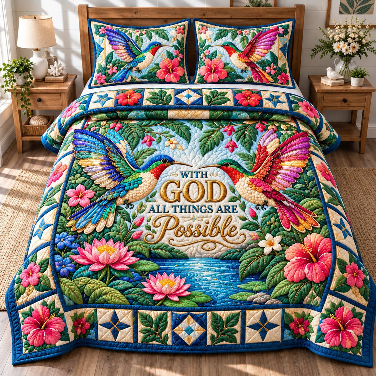Hummingbird Meadow Dance quilted 3-piece bedding set on a made bed with two matching pillow shams