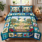 Hummingbird Path Trust In The Lord quilted 3-piece bedding set on a made bed in a softly lit bedroom
