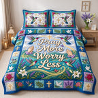 Hummingbird Pray More Worry Less quilted 3-piece bedding set on a made bed in a softly lit bedroom
